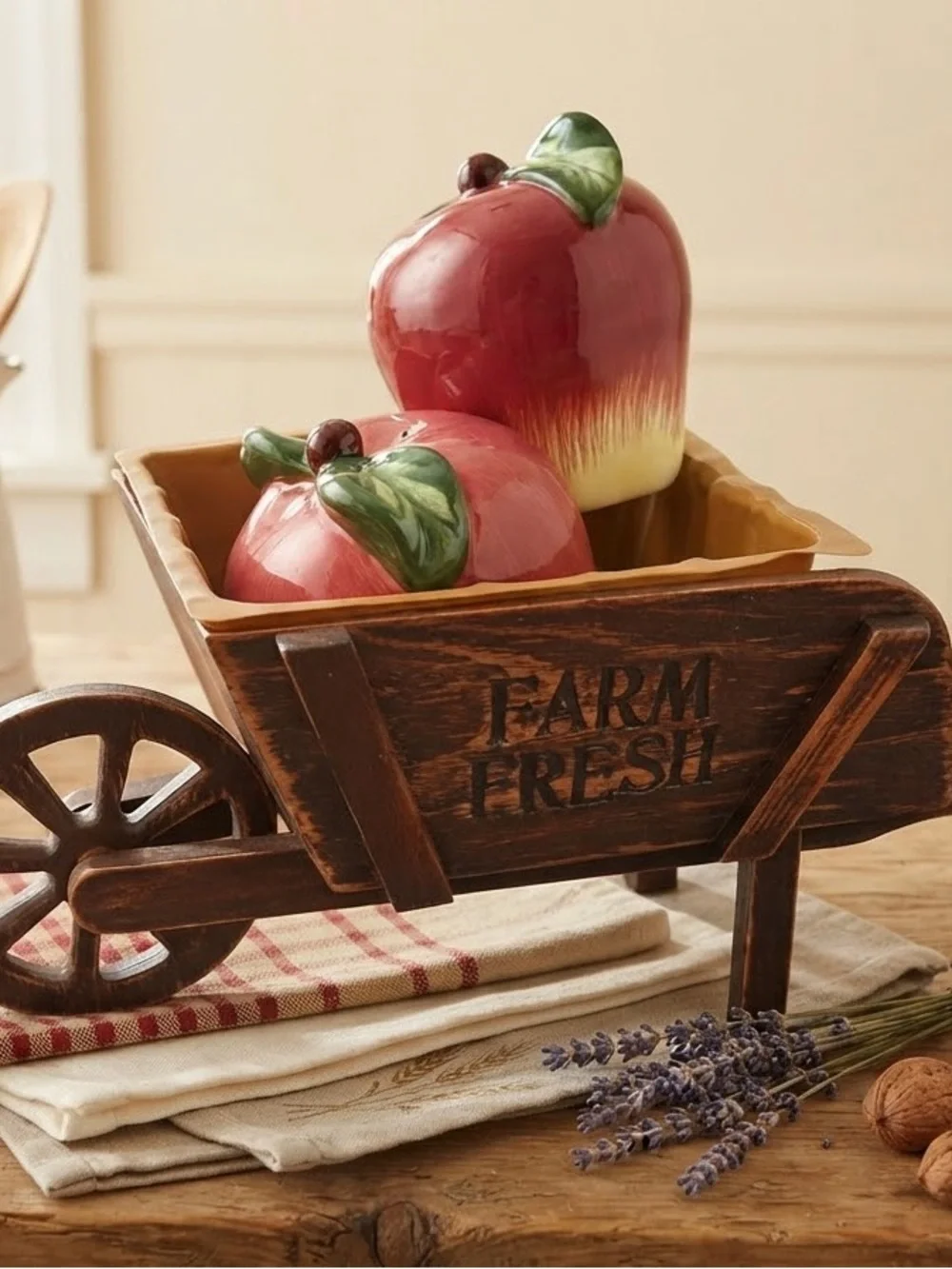 Decorative Red Ceramic Apple Figurines with Farm Fresh Wheelbarrow